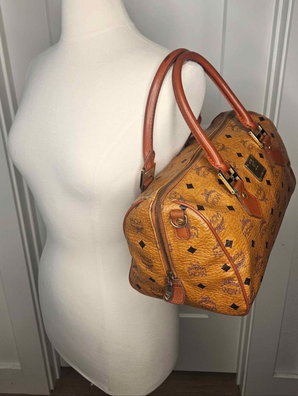 Authentic MCM Monogram Visetos Cognac Boston Satchel Handbag
